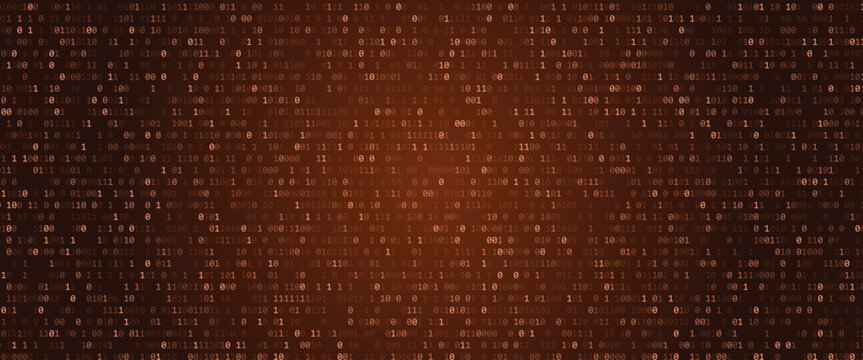 Binary code background with orange glowing digital data matrix, Technology and coding concept