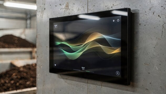 Medium shot of a touchscreen panel displaying realtime airflow adjustments for an automated compost aeration system with dynamic sensor feedback.