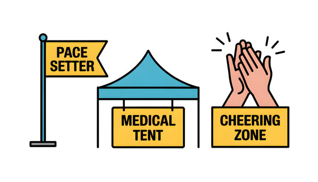 marathon event flat vector elements set with pace setter flag medical tent and cheering zone icons isolated on white background