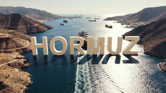 Giant text Hormuz appears over busy shipping lane with cargo ships passing through mountain strait with modern port facilities distant view