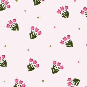 Small red,pink,light purple  tulips and leaves on light background, seamless pattern. Vector illustration with flowers for wrapping paper, fabric.