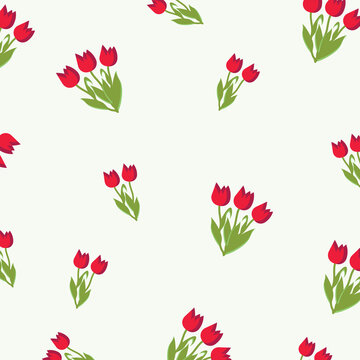 Small red,pink,light purple  tulips and leaves on light background, seamless pattern. Vector illustration with flowers for wrapping paper, fabric.