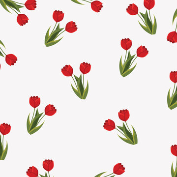 Small red,pink,light purple  tulips and leaves on light background, seamless pattern. Vector illustration with flowers for wrapping paper, fabric.