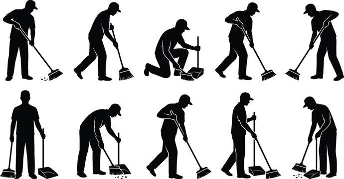 Black silhouette illustrations of person sweeping with broom and dustpan showing cleaning poses, household chores, hygiene and sanitation actions