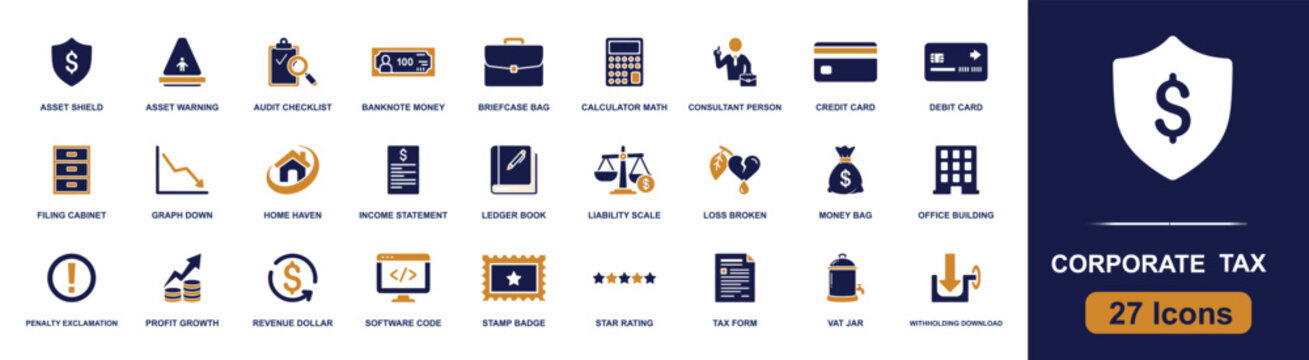 Corporate tax icon set. Containing audit, income statement, ledger, liability, penalty, VAT, withholding, revenue, profit, cards, calculator and more. Solid fill vector icons collection.
