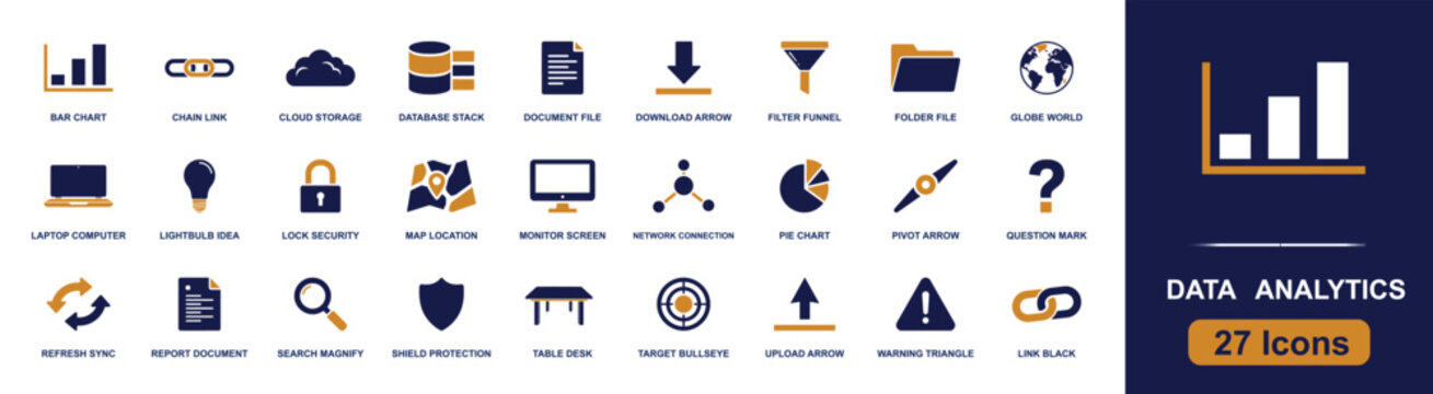 Data analytics icon set. Containing bar chart, pie chart, database, cloud storage, report, dashboard, filter, pivot, search, upload, download, network, security and more. Solid fill vector icons colle