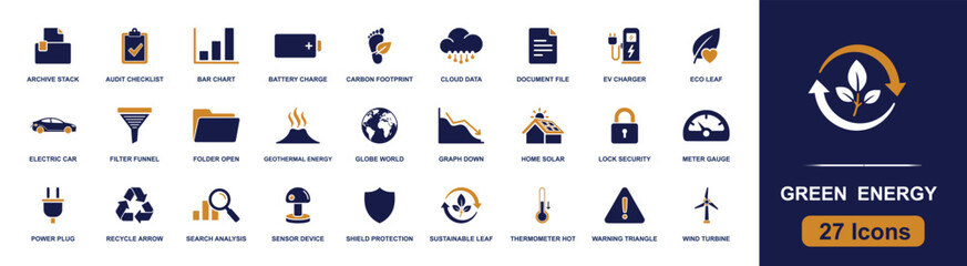 Green energy icon set. Containing electric car, EV charger, solar, wind turbine, recycle, battery, carbon footprint, geothermal, sustainability and more. Solid fill vector icons collection. © Sadam