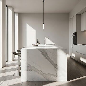 Modern minimalist kitchen island with marble countertop and pendant light.