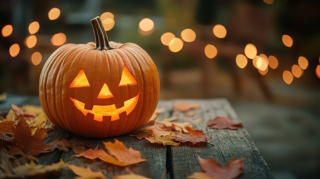 A glowing jack-o'-lantern with a cheerful carved face sits on a rustic wooden table, surrounded by vibrant autumn leaves, creating a warm and festive Halloween atmosphere for seasonal celebrations.