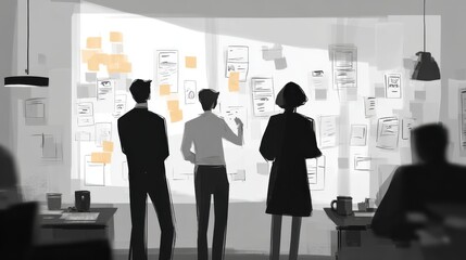 Obraz premium Brainstorming Session: Team Collaborating on Ideas with Sticky Notes in a Modern Office Setting