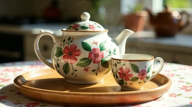 A floral teapot and cup set on a wooden tray. The teapot features colorful flower designs. The scene is bright and inviting, perfect for tea time.