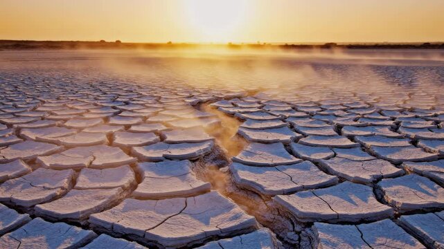 A dramatic landscape showcasing severely parched land at sunrise. Ideal for illustrating environmental concerns, climate change, and the impact of dro
