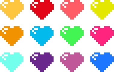 Fototapeta premium A set of retro pixel hearts icons buttons. Vintage love symbol, 8-bit vector illustration for a computer and internet game. File in JPG format.
