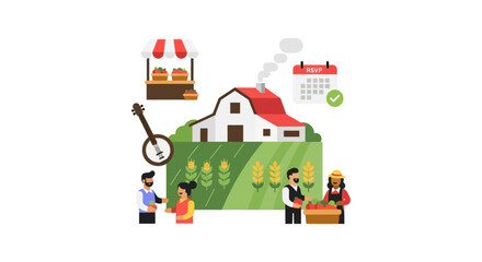 Fototapeta premium Farmers Market and Farm Event Vector Illustration. Local Community Gathering, Agriculture Festival, Barn, Produce Stand, RSVP, and Folk Music.