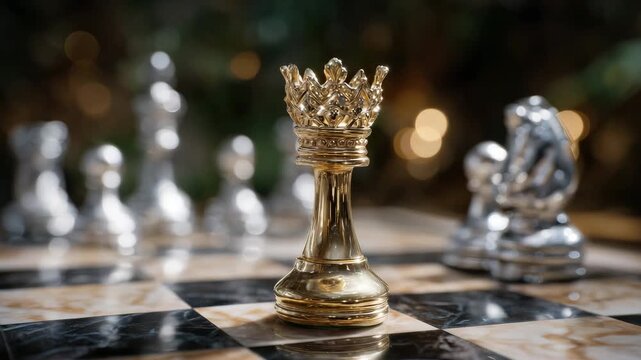 268Perspective shot of chessboard with gold king and surrounding silver pieces, polished metallic textures, dramatic low-angle lighting, victory, teamwork, and corporate strategy meta
