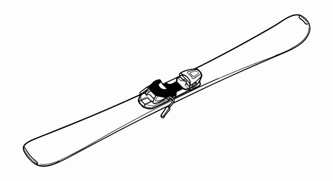 A stylized black and white illustration of a single ski with bindings