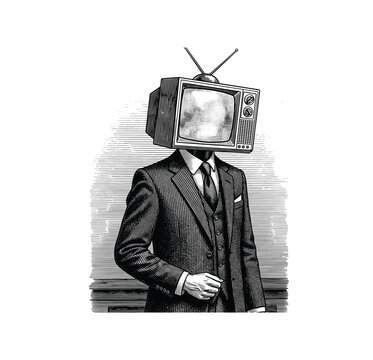 Hand-Drawn Retro Surreal Concept Illustration of Businessman with Vintage Television Head &ndash; Vintage Engraving art