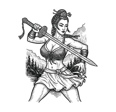 Hand-Drawn Retro Female Samurai Warrior with Katana Sword Woodcut Illustration &ndash; Vintage Engraving art