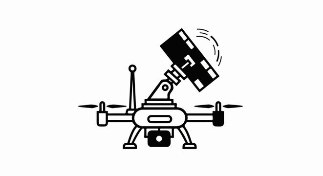Line art depicts a multi-rotor unmanned aerial vehicle with a camera gimbal