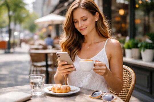 Lifestyle photo of woman texting on smartphone while drinking coffee at caf&eacute; terrace, relaxed summer urban atmosphere