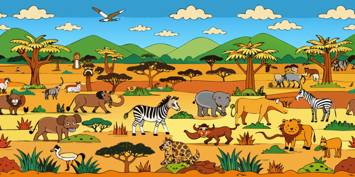 Vector horizontal seamless tropical african savannah with lion, zebra, vulture, heron, common warthog, rhinoceros, cheetah, monkey, African ostrich, elephant,