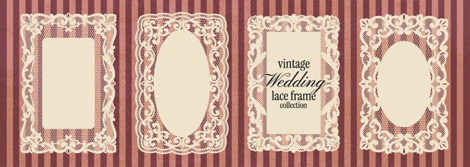 Fototapeta na wymiar Vintage lace frame collection. Whimsical rectangular paper lace doilies in crochet style with floral decorative borders. Whimsical botanical silhouettes, squiggle shapes for wedding invitations.
