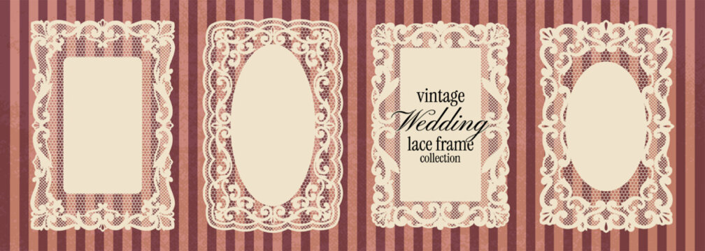 Vintage lace frame collection. Whimsical rectangular paper lace doilies in crochet style with floral decorative borders. Whimsical botanical silhouettes, squiggle shapes for wedding invitations.