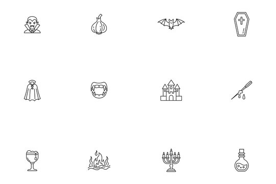 Vampire and gothic horror line icons set with Dracula coffin bat and castle symbols