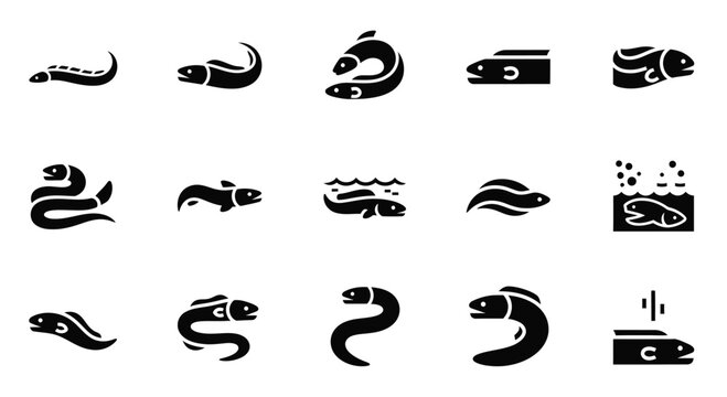 Collection of eel icons in silhouette style on white background vector