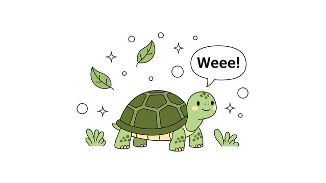 Cute cartoon turtle walking through a field and saying weee in a speech bubble with floating green leaves.
