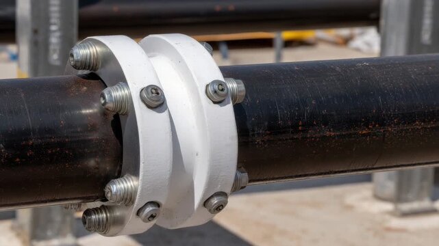 530Macro of flange connection on industrial outdoor pipe, bolts and gasket visible