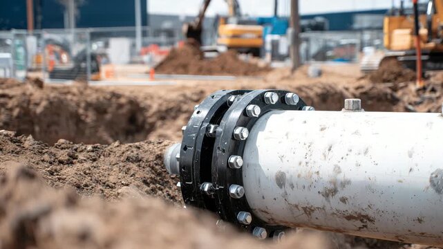 551Side view of industrial pipeline installation, macro flange details, outdoor construction