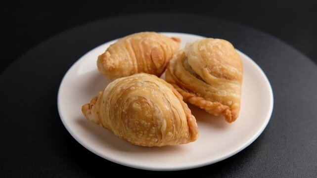 Curry puff in white plate,Deep fried curry dumpling (with meat or vegetable snuffing).asian food.