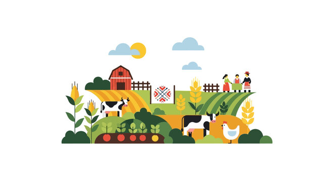 Traditional Farming Landscape Illustration with Barn, Cows, and Harvest Crops. Rural Folk Art Vector Design for Agriculture and Sustainable Food.
