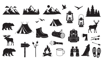 Obraz premium Camping and Adventure Wilderness Hiking Outdoor Activity Vector Icons Set