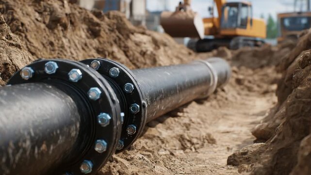 565Side view of large industrial water pipes laid in outdoor trench, flange connections and bolts in focus, rough soil and surrounding construction environment, detailed textures and