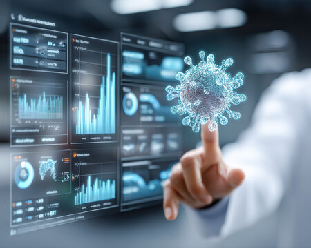 A scientist interacts with a virtual virus model on a transparent digital screen displaying medical data and analytics.