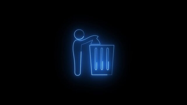 Man throwing trash into bin neon glowing Icon loop animation