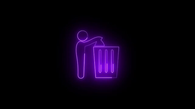 Man throwing trash into bin neon glowing Icon loop animation