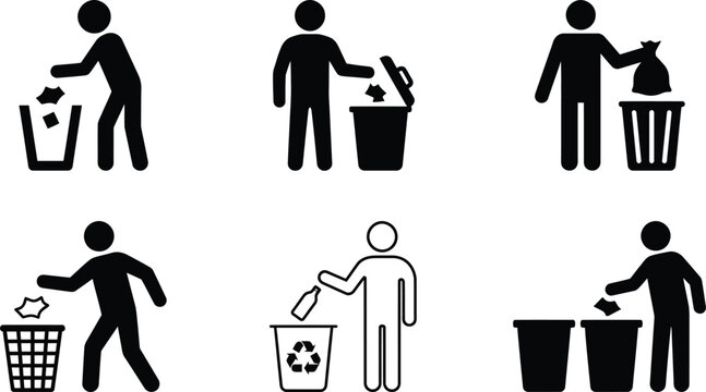 Tidyman Icon Vector Set | Person Throwing Trash Bin Waste Disposal Recycle Symbol