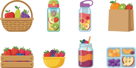 Fototapeta premium Assorted healthy fruits displayed in various containers and packaging styles