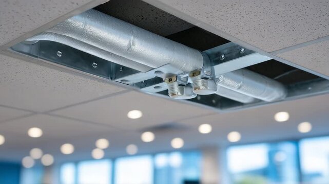 674Side view of electrical conduit bends in office ceiling, PVC and metal conduits, screws and brackets visible, detailed macro textures