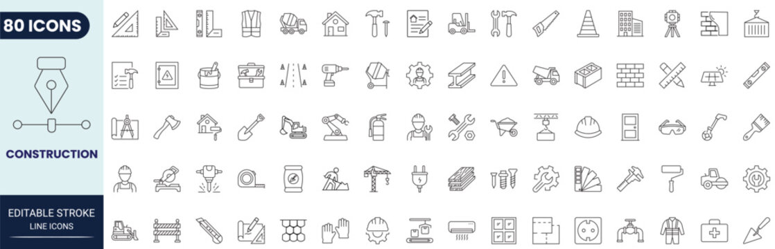 Construction icon set in outline style. Collection of construction, building, tools, crane, helmet, and engineering. Editable stroke. Vector icon collection.