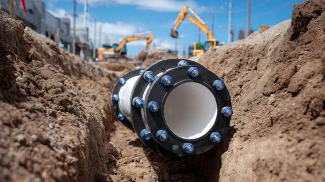 679Wide-angle macro of PVC pipeline in outdoor trench, flanges, soil textures, and pipe fittings, realistic construction environment
