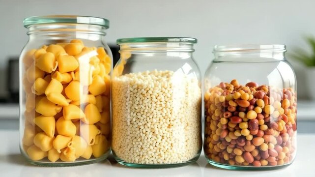 Three glass jars filled with different types of pasta and grains. The jars contain yellow pasta, white grains, and colorful dried legumes. Bright kitchen background.