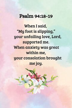 Bible Verse Floral Psalm 94:18&ndash;19, pastel background, homedecor idea bible wallart ratio 2:3 size 24 x36 inch