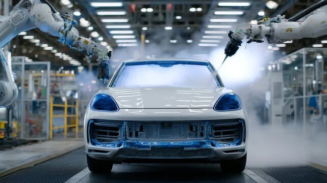 Automated robotic arms applying a uniform coat of paint to a car body inside a spotless white spray booth, fine mist hovering in the air, smooth reflective surfaces, controlled lig