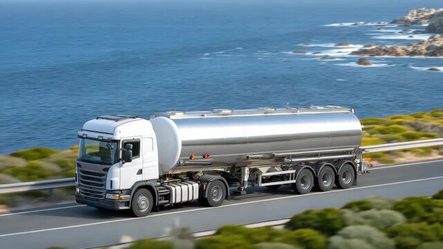 Chemical tanker truck driving along coastal highway, metallic tank reflecting sunlight and surroundings, safety decals visible, dynamic industrial transport and logistics scene