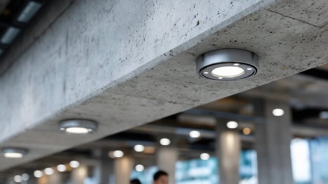 Close-up architectural detail of lighting fixtures and sensors on a clean parking ceiling, smooth concrete texture, precise mounting, modern industrial minimalism, efficiency-drive