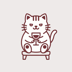 Obraz premium Cute Cat Sitting on Chair Holding Wine Glass — Monoline Burgundy Vector
